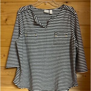 Women’s top blouse black white stripes Chico size3 all cotton 3/4 sleeves nice
